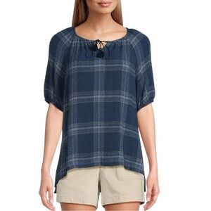 NEW Westbound Top Elbow Puff Sleeve Tie Neck Plaid  Blue Womens Plus Size 3X